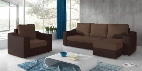 Ecksofa Set COLLIN Ottomane Rechts + Sessel Braun / Hellbraun ansehen