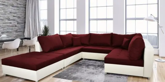 Wohnlandschaft Sofa ANDRO mit Schlaffunktion und Hocker Weiss-Weinrot ansehen
