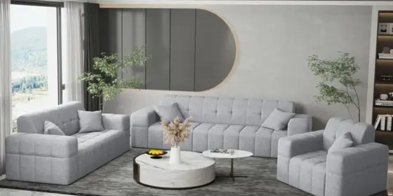 Sofaset Designersofa NANCY 3-2-1 in Stoff Neve Hellgrau ansehen