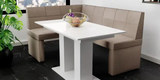Eckbankgruppe 196x142 cm BLAKE XL R Stoff Soro Taupe / Esstisch DANTE Weiß HGL ansehen