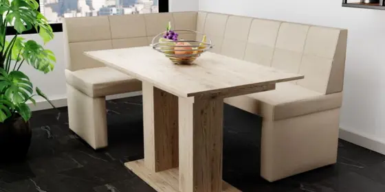 Eckbankgruppe 168x128 cm BLAKE R Stoff Soro Creme / Esstisch DANTE Sonoma ansehen