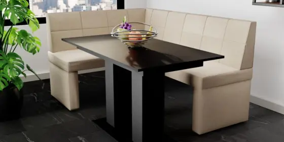 Eckbankgruppe 168x128 cm BLAKE R Stoff Soro Creme / Esstisch DANTE Schwarz ansehen