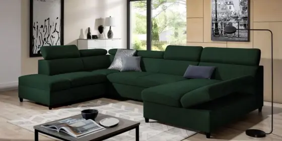 Wohnlandschaft Schlafsofa Sofa ANTON in Stoff Esito Dunkelgrün Ottomane Rechts ansehen