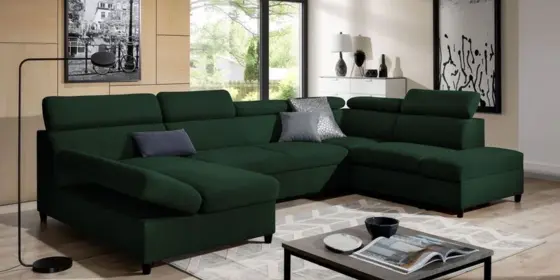Wohnlandschaft Schlafsofa Sofa ANTON in Stoff Esito Dunkelgrün Ottomane Links ansehen