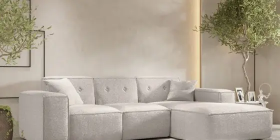 Ecksofa Designersofa CESINA Stoff Ascot Bukla Creme Ottomane Rechts ansehen