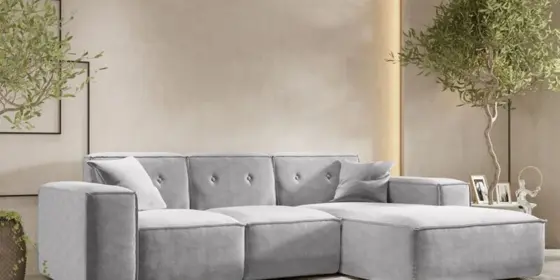 Ecksofa Designersofa CESINA Stoff Perfect Harmony Grau Ottomane Rechts ansehen