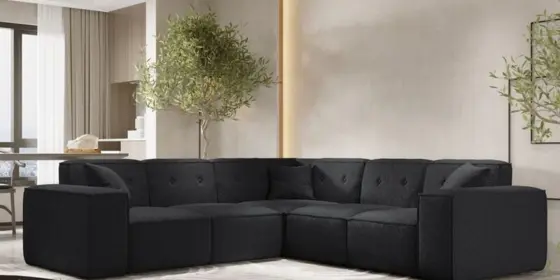 Ecksofa Designersofa CESINA in Stoff Ascot Bukla Schwarz Seite Universal ansehen