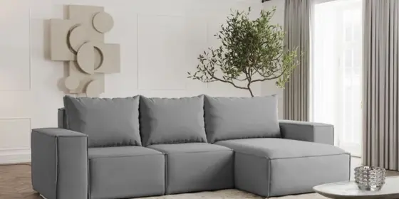 Ecksofa Designersofa ESTELLE in Stoff Opera Velvet Grau Ottomane Rechts ansehen