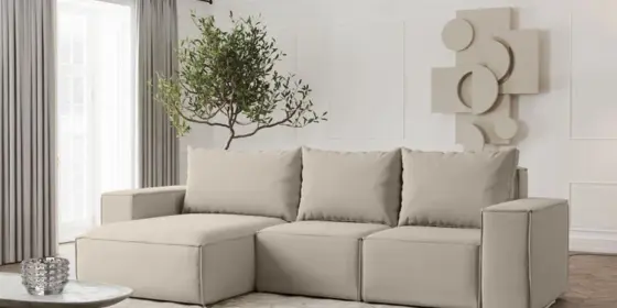Ecksofa Designersofa ESTELLE in Stoff Opera Velvet Pearl Ottomane Links ansehen