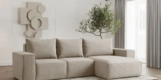 Ecksofa Designersofa ESTELLE in Stoff Poso Beige Ottomane Rechts ansehen