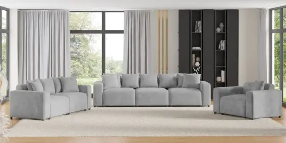 Sofaset Designersofas MEGAN 3-2-1 in Stoff Poso Hellgrau ansehen