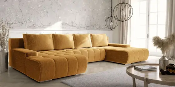 Wohnlandschaft Sofa mit Schlaffunktion VOGAR Stoff Poso Honiggelb ansehen