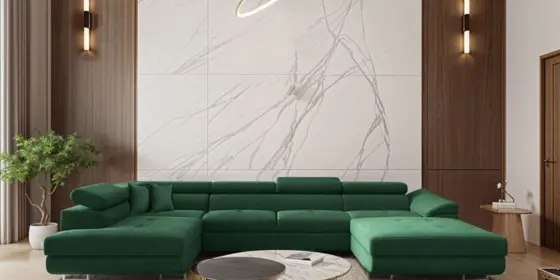Wohnlandschaft Schlafsofa Sofa CARMELO in Stoff Nova Grün Ottomane Rechts ansehen