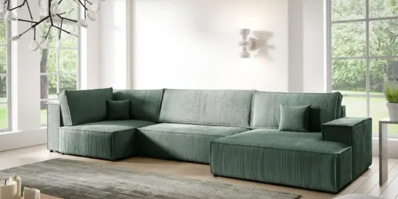Wohnlandschaft Schlafsofa CORUNIA Stoff Poso Grün Ottomane Rechts ansehen