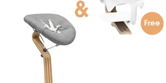 STOKKE® Nomi® Hochstuhl Eiche / weiß inkl. Newborn Set weiß / grau sand + gratis Baby Set weiß ansehen